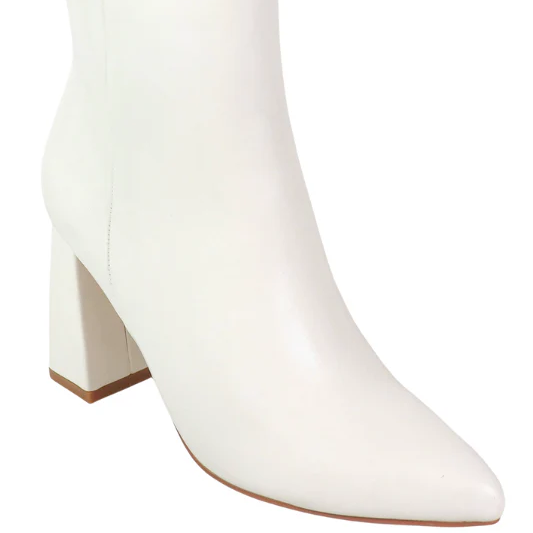 Minimalist White Square Toed Chunky Heeled Ankle Boots