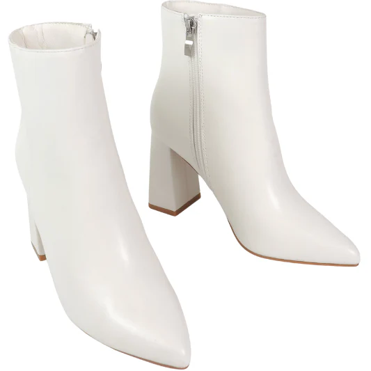 Minimalist White Square Toed Chunky Heeled Ankle Boots