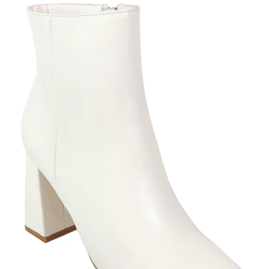Minimalist White Square Toed Chunky Heeled Ankle Boots
