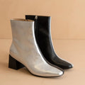 Silver And Black Two Tone Square Toed Chunky Heeled Ankle Boots