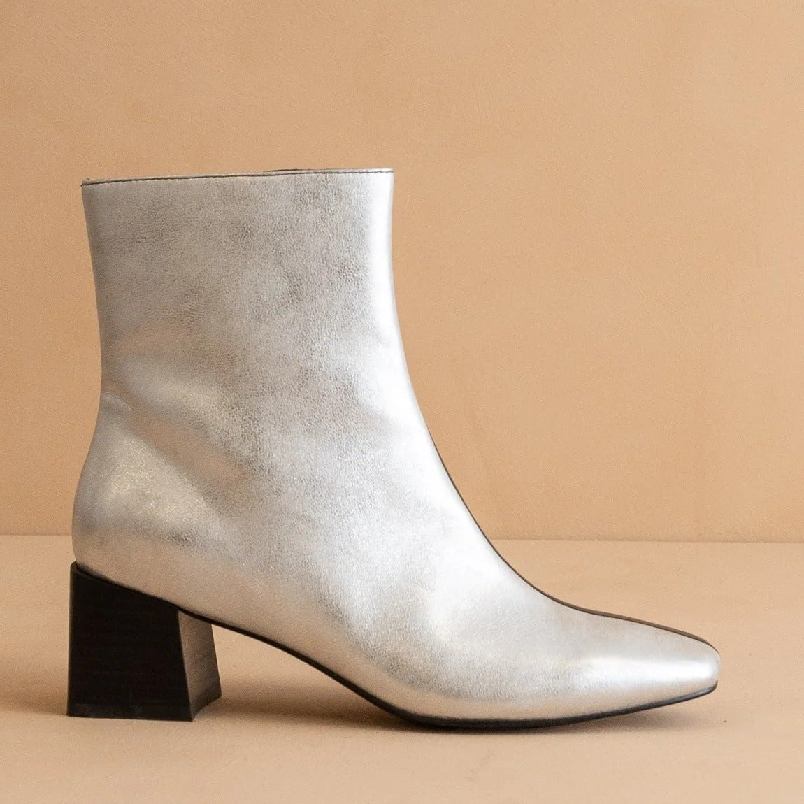 Silver And Black Two Tone Square Toed Chunky Heeled Ankle Boots