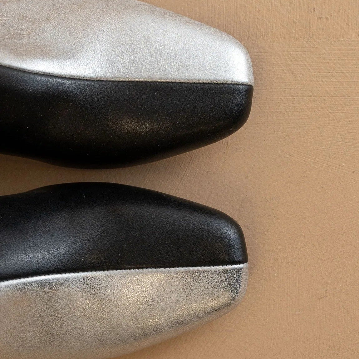 Silver And Black Two Tone Square Toed Chunky Heeled Ankle Boots