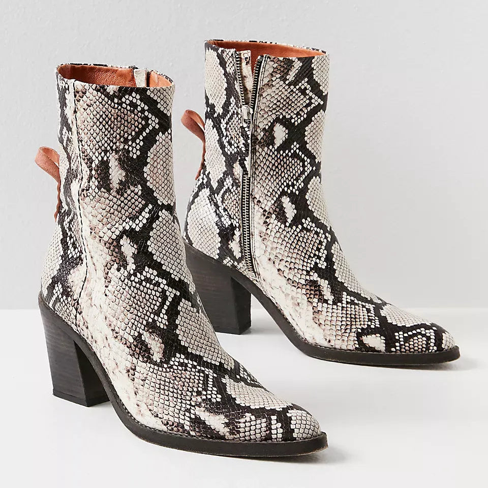 Vintage Style Distressed Snake Print Ankle Boots