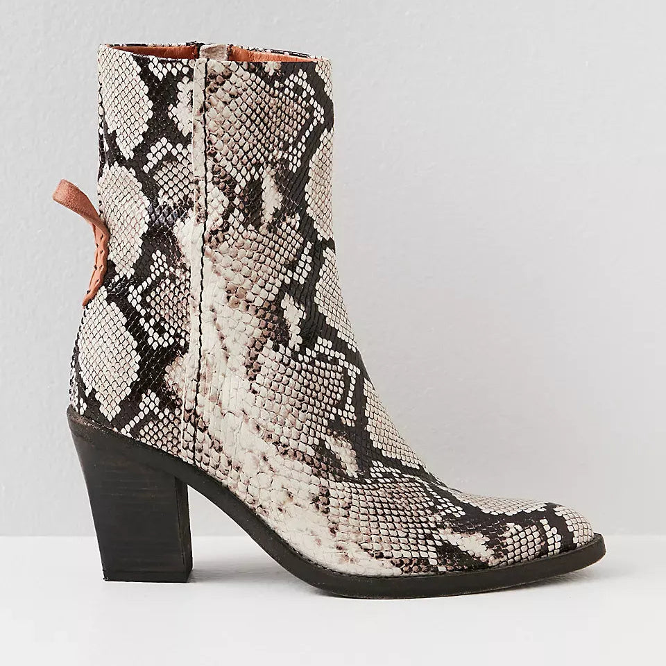 Vintage Style Distressed Snake Print Ankle Boots