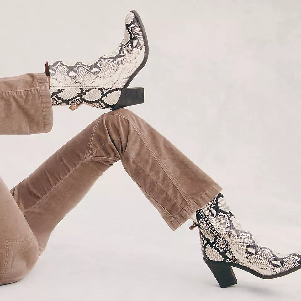 Vintage Style Distressed Snake Print Ankle Boots