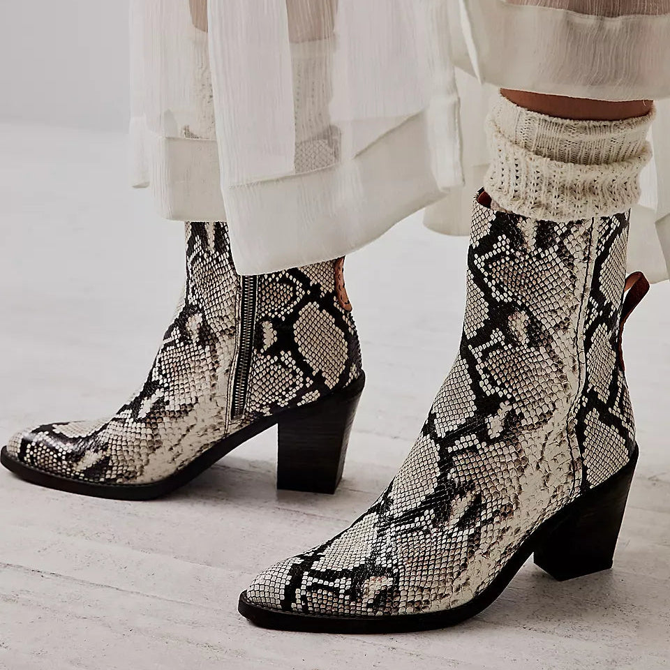Vintage Style Distressed Snake Print Ankle Boots